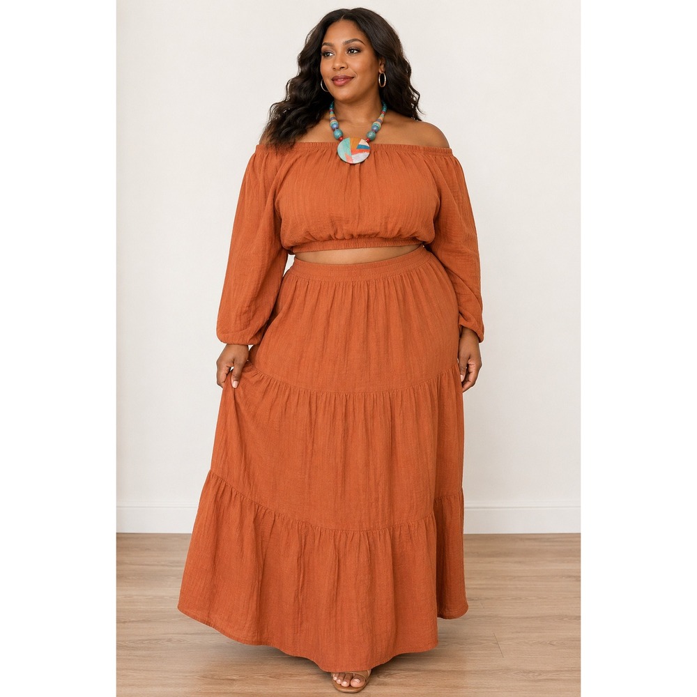 100% Cotton Gauze Two Piece Set Crop Top Tiered Maxi Skirt Festival Boho 22/24